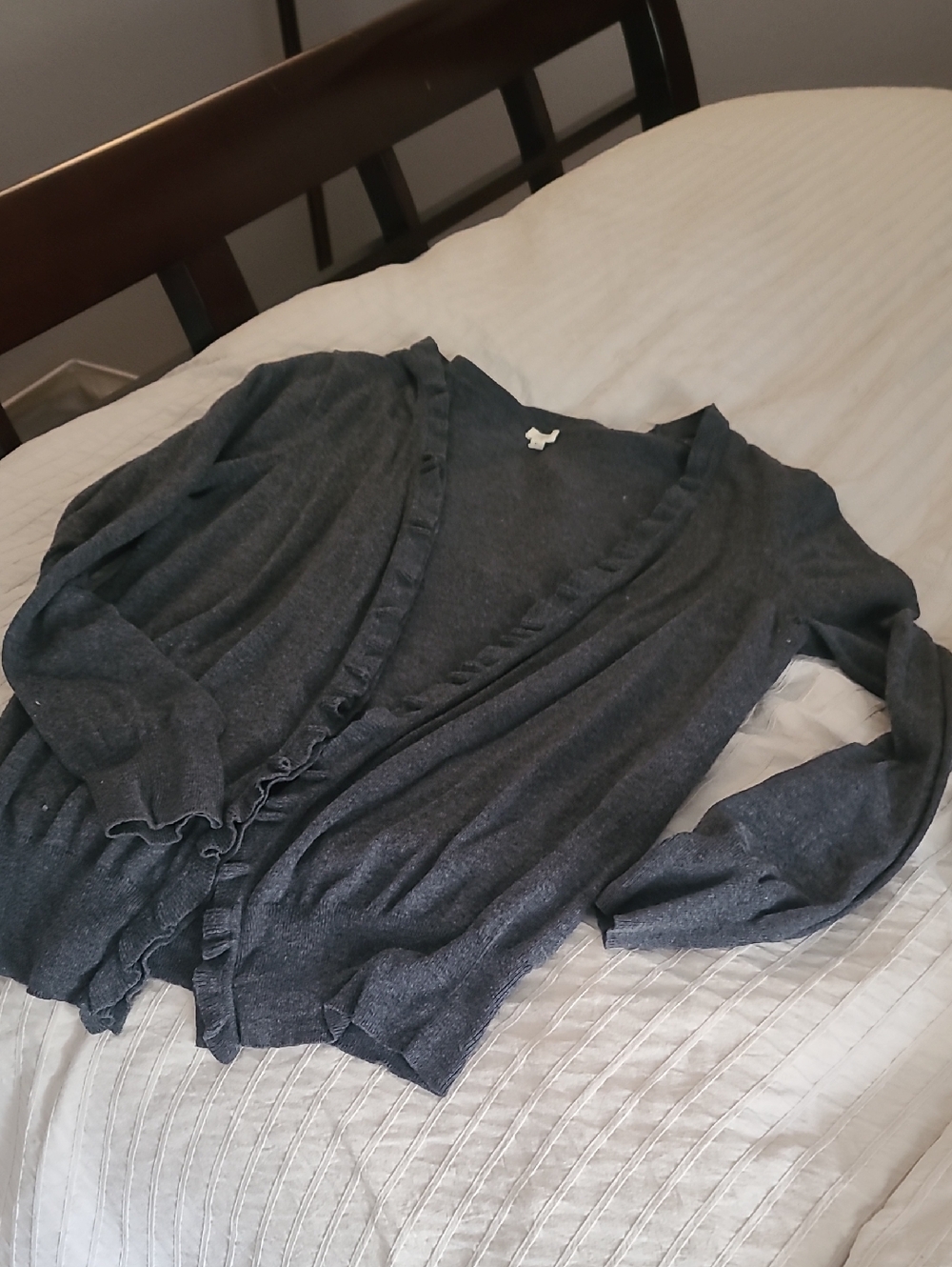 J. Crew Dark Gray Ruffle-Trim button up Cardigan